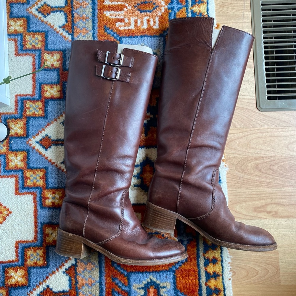 J. Crew Pull On Brown Leather Buckle Boots 6
